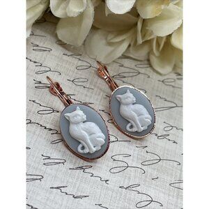 Boutique French Wire Cameo Earring Wedding BIRTHDAY Blue Cat Kitten Rose Gold